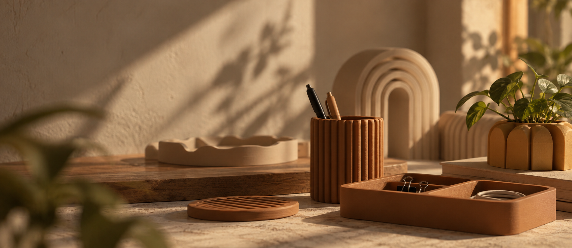 Composição de objetos de design em tons terrosos iluminados pela luz do sol.